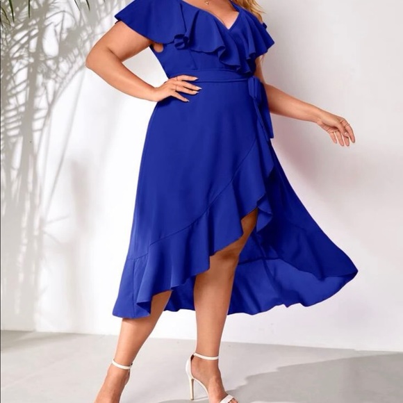 Boho Plus Size Ruffle Hem Wrap Belted Maxi Dress Blue or Pink - Picture 3 of 11